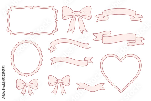 Pink coquette aesthetic design elements set. Romantic frames, ribbons, bows, hearts and borders for girly invitations, cards, social media. Hand drawn vector illustration.