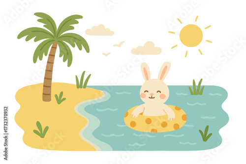 Cute rabbit on summer vacation. Funny bunny in inflatable ring swimming in sea. Tropical beach landscape with palm tree. Hello summer concept. Kids cartoon vector illustration.