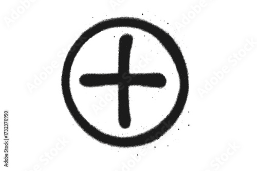 Graffiti spray plus sign in circle. Crosshair target symbol. Hand drawn punk rock grunge icon. Urban street art element. Textured aerosol paint splatter. Vector illustration.