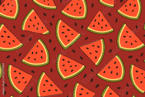 Summer watermelon seamless pattern with sliced fruit and seeds. Vector hand drawn flat cartoon background. Fresh juicy food illustration for textile, wallpaper, wrapping paper.