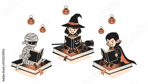 Halloween Book Club: A delightful illustration captures the enchanting essence of Halloween, featuring three costumed children immersed in the joy of reading spellbinding stories.