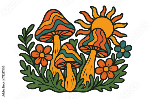 Retro 70s groovy psychedelic mushrooms and flowers illustration. Hippie style trippy magic mushrooms with sun and floral elements. Vintage fantasy nature art for sticker print.