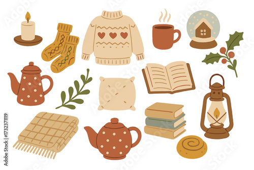 Winter hygge clipart set. Cozy home elements collection. Hand drawn flat vector illustration for stickers, cards, scrapbooking. Warm sweater, books, tea, and candle icons.