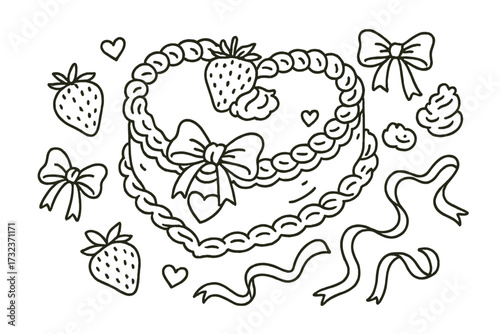 Vintage heart shape cake and elements set. Coquette aesthetic line art with strawberry, bow, and cream. Romantic dessert for Valentine's day. Hand drawn doodle illustration.