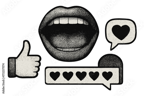 Vector vintage halftone collage with mouth shouting for feedback. Customer review, rating with hearts & like icon. Social media communication, satisfaction, experience concept.