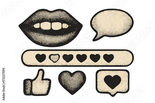 Vector halftone collage of feedback icons. Mouth, rating hearts bar, like, and comment bubble. Social media user experience review concept with vintage paper texture design.