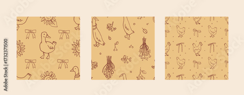 Farm birds seamless pattern collection. Hand drawn summer cottagecore line art backgrounds set. Whimsical chicken pattern, goose pattern, duck pattern. Easter vector background set