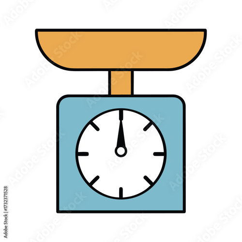 Simple cartoon kitchen scale with orange platform and blue base weighing measuring