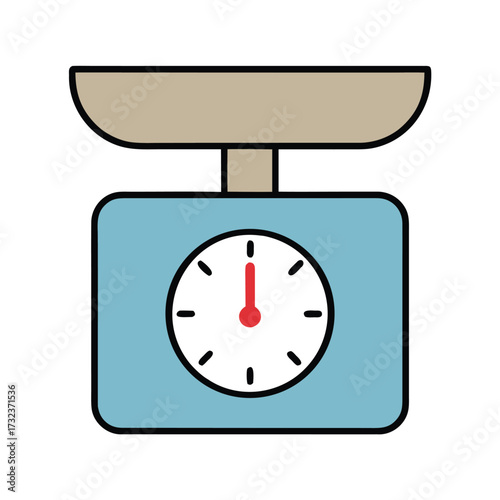 Simple cartoon illustration of a kitchen scale with a beige platform and blue base weighing measuring