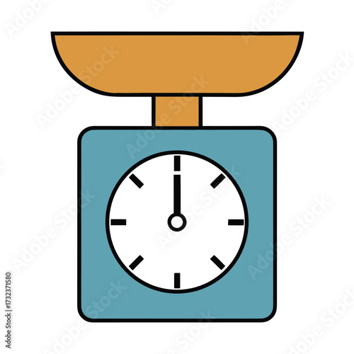 Teal kitchen scale with orange platform and white dial weighing measurement