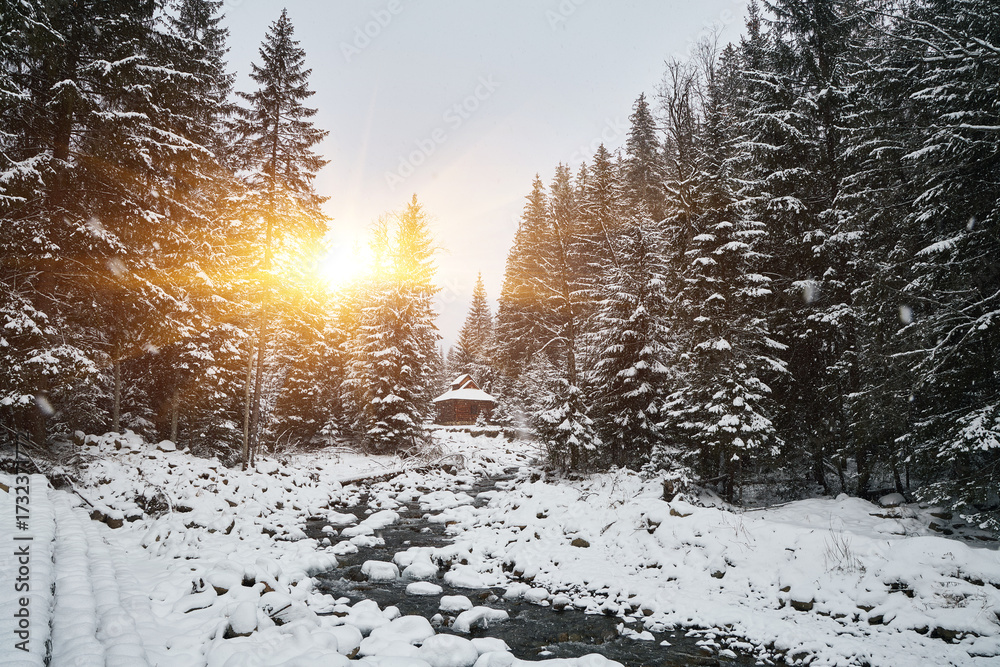 Εκτύπωση καμβά Rustic wooden cabin by a mountain stream in a snowy winter forest