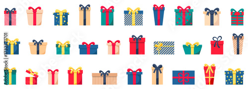 Christmas or New Year presents, gift boxes with ribbons in a flat design. Cartoon surprise gift boxes. Gift box collection