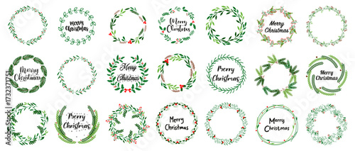 Christmas wreath with winter floral elements. Merry Christmas wreath with text. Christmas decoration wreath frame