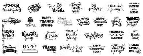 Thanksgiving Day calligraphy font badges. Happy Thanksgiving calligraphy text for greeting card. Happy thanksgiving lettering calligraphy text