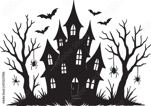 Haunted House Silhouette with Spiders and Twisted Trees
