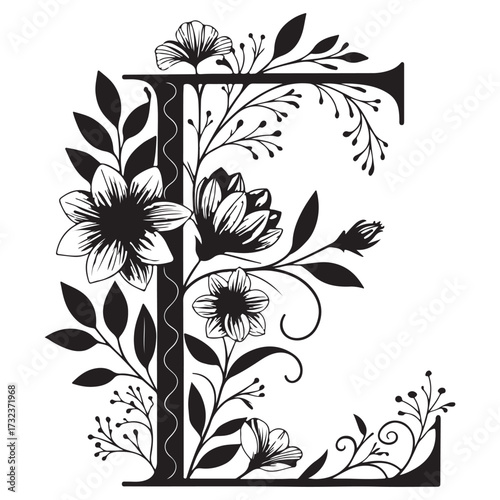 Elegant floral letter e illustration isolated on white background, showcasing a harmonious blend of botanical elements and typography