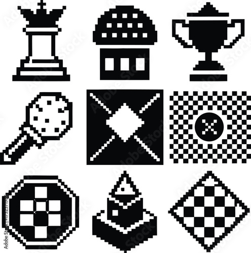 Pixel art icons set featuring chess piece trophy cup and geometric shapes for games and digital design