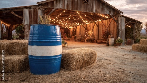 Rustic barn scene with hay bales, blue barrel, and string lights inside