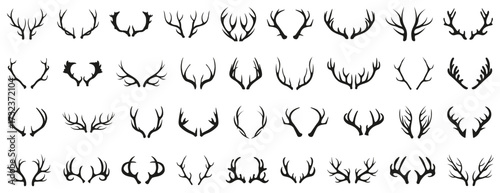Deer horns icon set. Animal horn silhouette. Deer horn logo for wildlife, hunting. Horn shapes collection