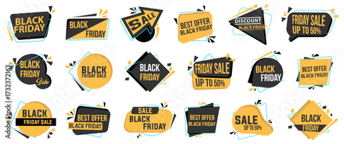 Black Friday label badges for discount, sale, promotion, purchase. Black friday vintage typographic sale labels. Black friday banner collection