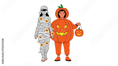 Halloween Duo: Two children, one dressed as a mummy and the other as a pumpkin, exude a sense of spooky camaraderie, ideal for the celebration of All Hallows' Eve. 