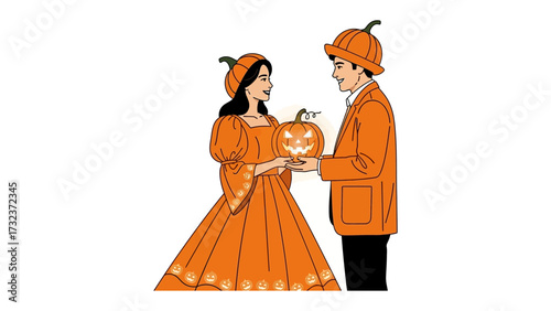 Halloween Couple: A playful Halloween-themed illustration depicts a couple, both adorned in vibrant orange attire. Holding a carved pumpkin, they share a moment of cheerful interaction.