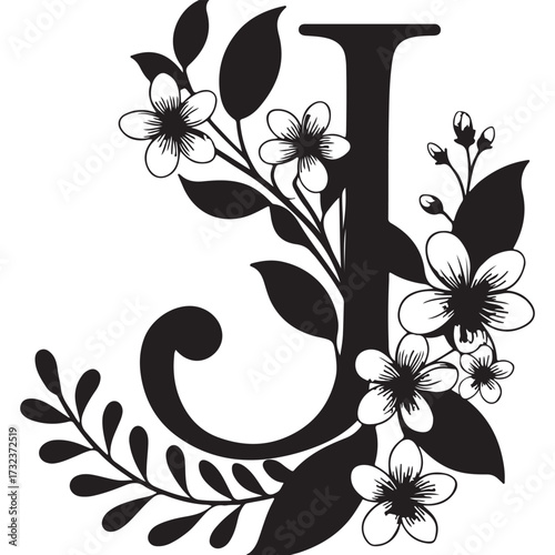 Floral initial letter j isolated on white background, adorned with blooming flowers and delicate botanical elements in black and white