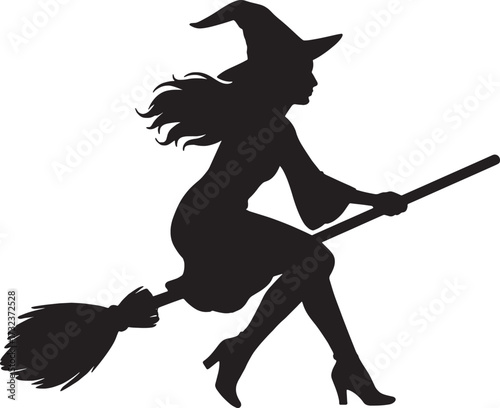Flying Witch Silhouette with Pointed Hat and Broom