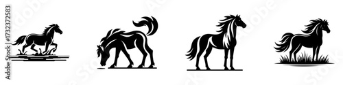 Modern Minimalist Wild Mustang Icon, Flat Silhouette of a Full Body Standing on Grass Vector for Wildlife Illustration Design