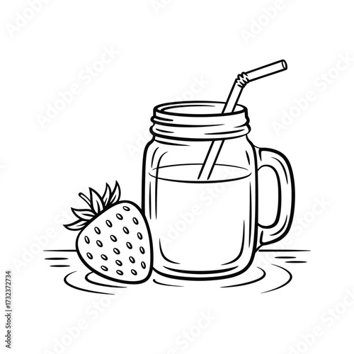Hand drawn illustration of a refreshing strawberry smoothie in a mason jar with a straw