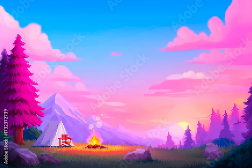 Captivating Pixel Art of a Campfire Scene Against a Dramatic Mountain Sunset Backdrop Creating a Cozy Retro Camping Theme