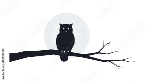 Night Owl's Perch: A majestic owl silhouette is perched serenely on a bare tree branch against a mysterious, moonlight-lit backdrop, evoking a sense of nocturnal intrigue and wonder.