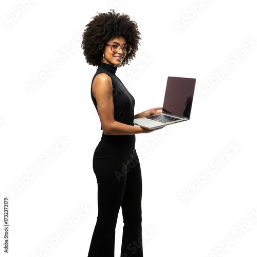 Afro hairstyle woman holding laptop smiling confidently ready for work isolated on transparent background