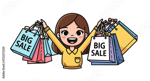 Cartoon girl celebrating fantastic shopping spree with colorful discount bags filled with retail