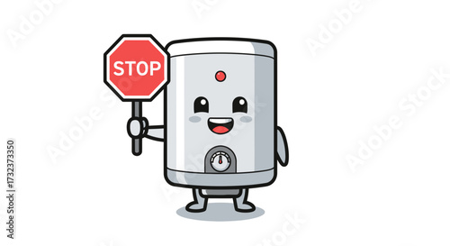 Cartoon water heater character holding a stop sign, emphasizing safety and conservation message