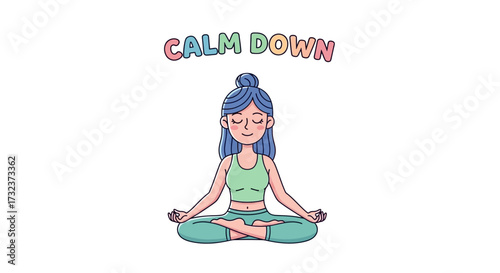 Cartoon woman meditating with the message Calm Down promoting mental wellbeing and relaxation