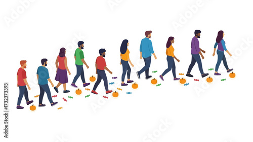 Autumn Procession: A diverse group of people strolls in a single file line, stepping on scattered leaves and small pumpkins. This visual metaphor conveys movement, progress.