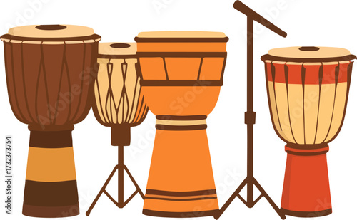 Traditional African Drum Set Vector Illustration, Flat Percussion Instrument Collection