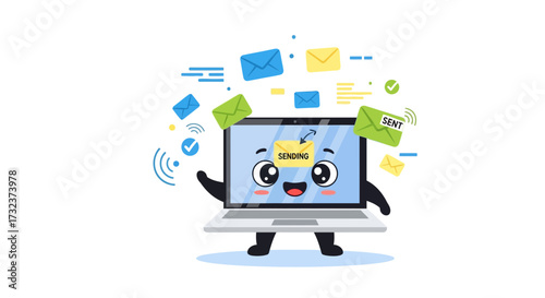 Laptop character sending messages for digital communication and online messaging marketing campaign