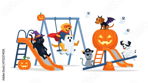Halloween playground with a joyful cat: Spooky animals, a playful illustration set against a vibrant Halloween backdrop, perfect for adding a touch of fun to any festive project.