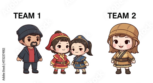 Whimsical Chibi Team Battle: Adorable Warriors Clad in Traditional Garb Prepare for an Epic Showdown