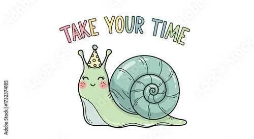 Whimsical cartoon snail urging calm with gentle pastel colors and playful design illustration
