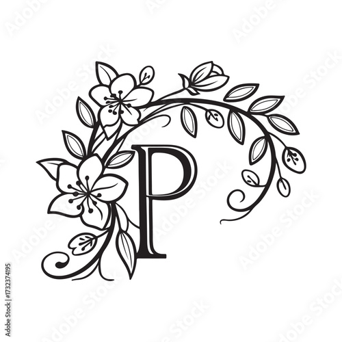 Charming letter p entwined with blossoming flowers and lush foliage, isolated on white background, forming a beautiful monogram