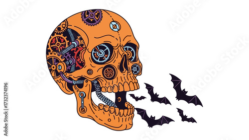 Steampunk Skull: An intricately designed steampunk-style skull exudes an aura of mysterious darkness, its gears and internal mechanisms beautifully rendered.