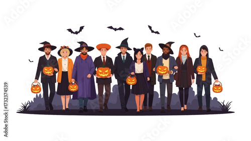 Halloween Gathering: A diverse group of people, dressed in an array of costumes, gleefully stroll together, illuminated by the spectral moonlight under the veil of Halloween night.