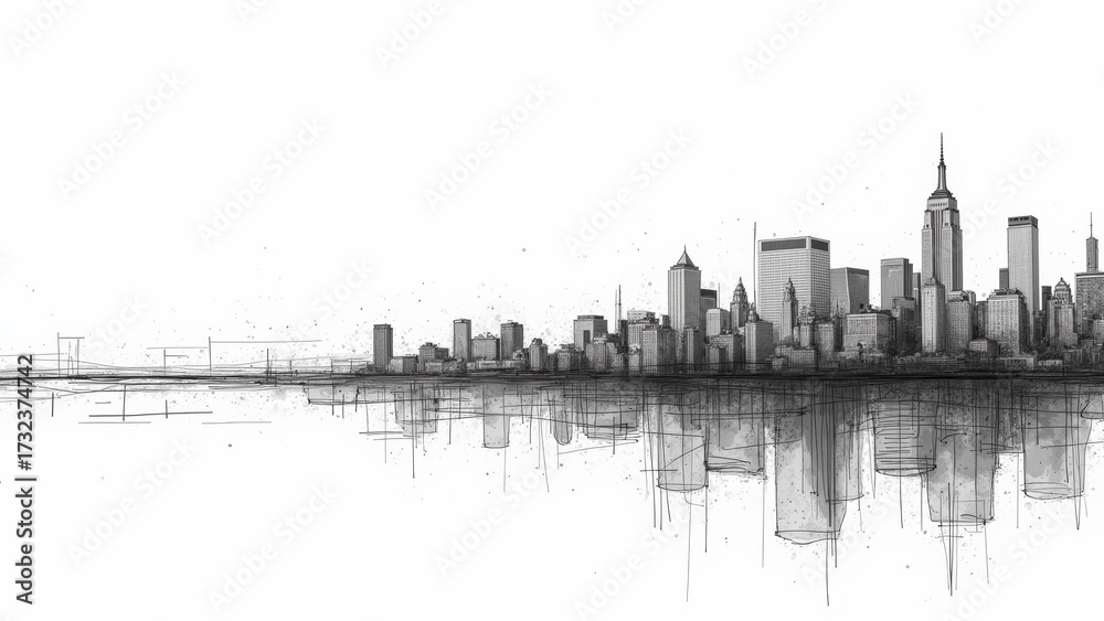 Fototapeta premium Minimalist skyline illustration featuring cityscape with reflections in water, showcasing iconic buildings and serene atmosphere