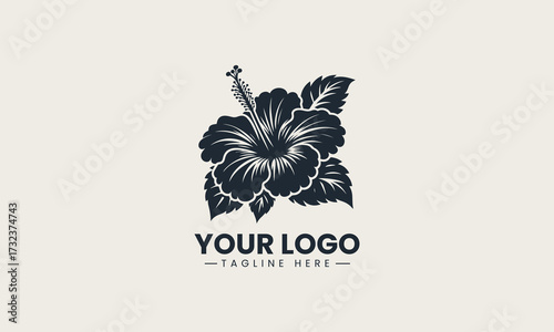 Detailed black silhouette of a beautiful tropical hibiscus flower with stamen creating a clean vector logo illustration design