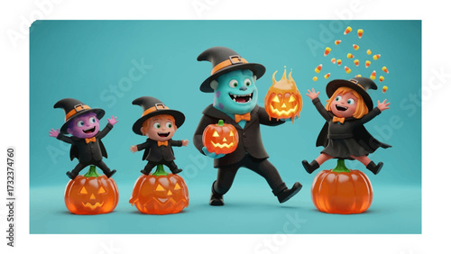 Magical Halloween Revelry: Whimsical and endearing Halloween characters exude joy and festivity amidst a lively pumpkin-filled scene, capturing the very essence of the holiday's magical spirit.