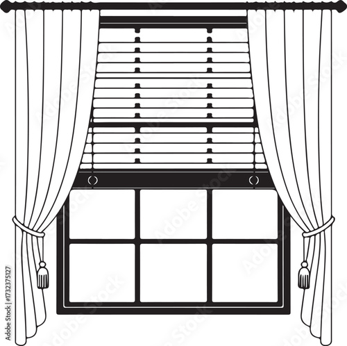 Modern window with blinds and striped curtains
