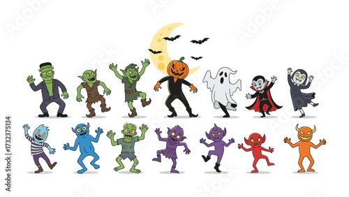 Halloween Monster Party: A vibrant illustration of an array of Halloween monsters, each bursting with personality, reveling in a festive gathering under the moonlight.